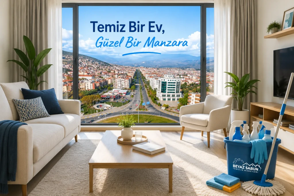Milas Temizlik Şirketi Beyaz Sabun Temizlik Hizmetleri modern salon ve Milas şehir manzaralı hero görseli.