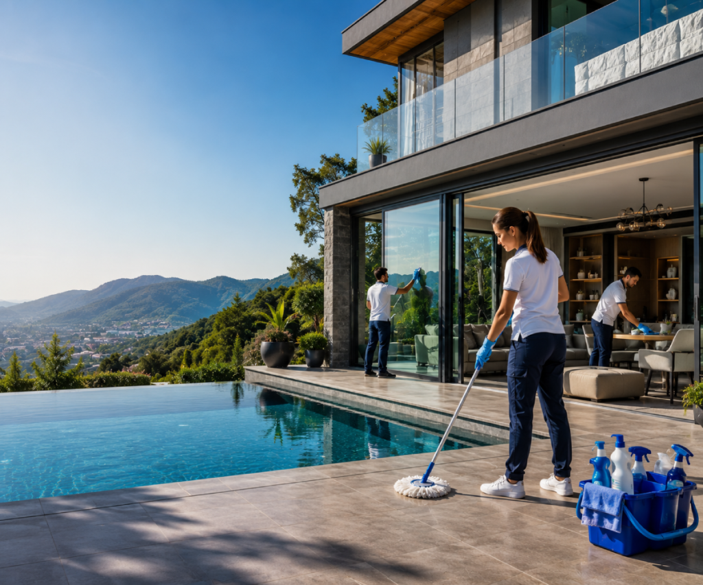 Villa temizliği hizmeti kapsamında modern villada profesyonel temizlik yapan Beyaz Sabun ekibi.
